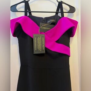 Original Christian Siriano Black & Hot Pink Off Shoulders Midi Dress